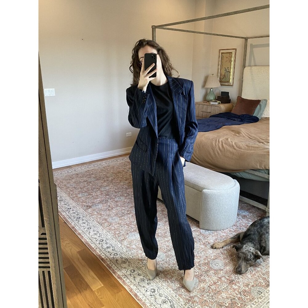 Vintage Rafael Navy Gold Pinstripe 2 Piece Suit Women Size 14